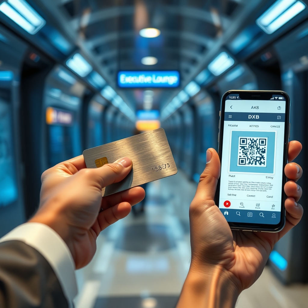 Seamless DXB Airport lounges access using a digital pass and premium credit card at a futuristic terminal.
