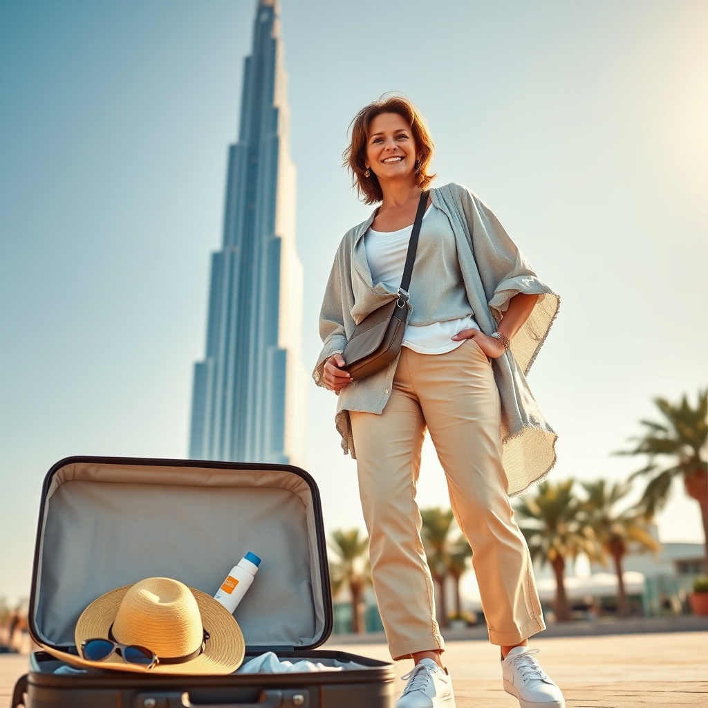 Traveler in modular outfit with pashmina posing in front of Burj Khalifa, showcasing key elements from a Dubai packing list for city exploration