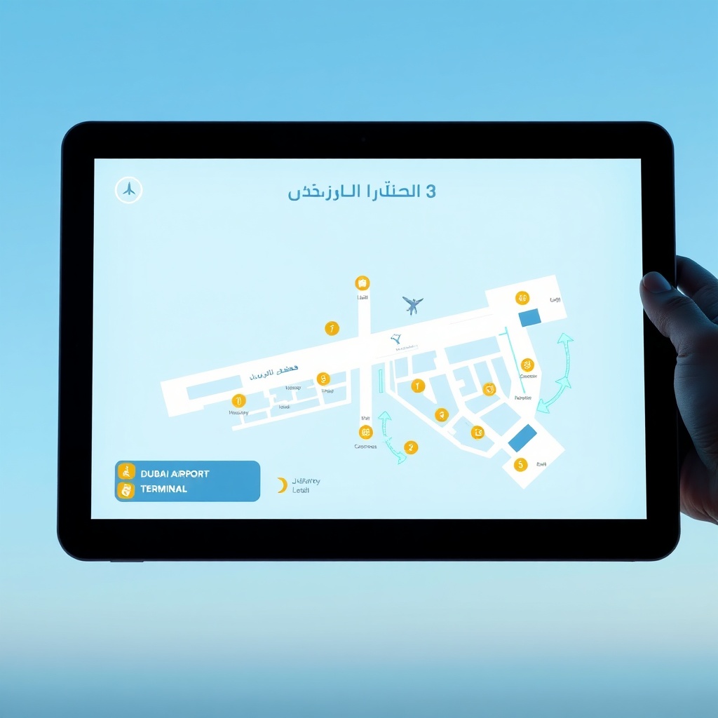 Dubai Airport Terminal 3 map 2026 interactive digital screen with AI wayfinding arrows and lounge icons
