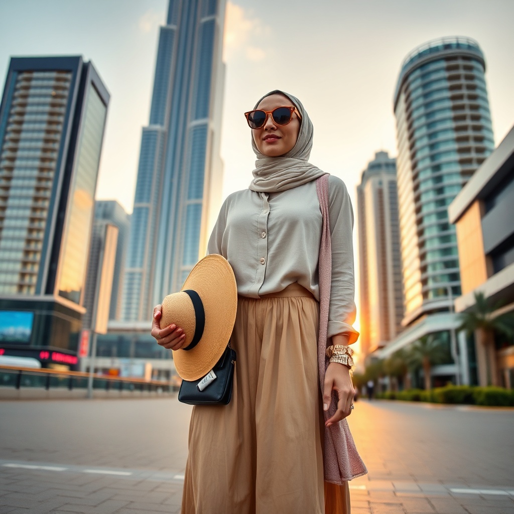Dubai packing guide with modest travel attire and essential accessories in front of iconic skyline