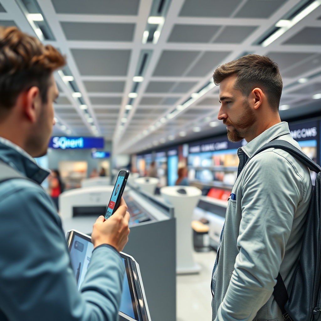 Traveler using digital pre-order service at Dubai Duty Free for convenient pickup.