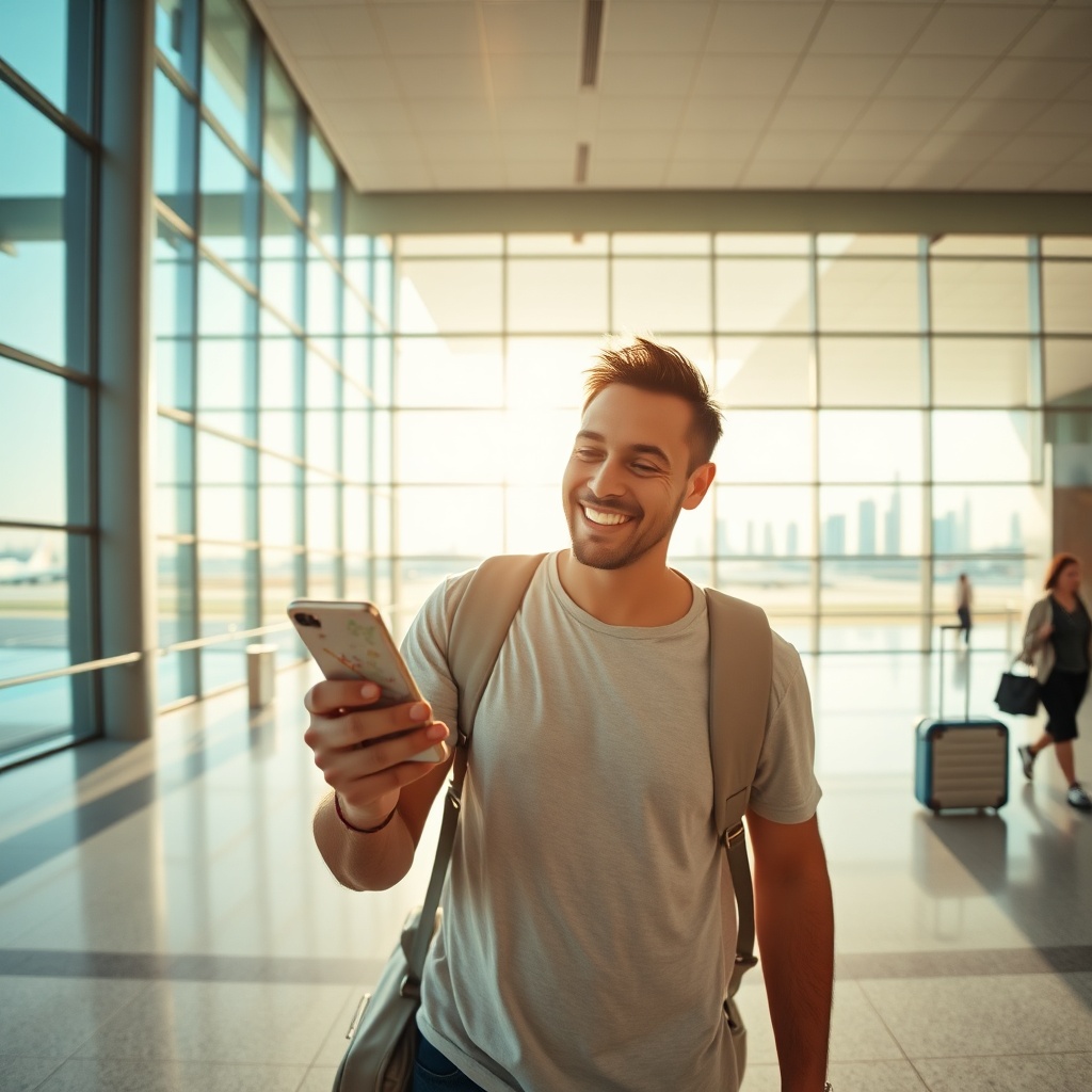 Tourist staying connected using a smartphone with a local SIM card in Dubai Airport, checking maps and data upon arrival.