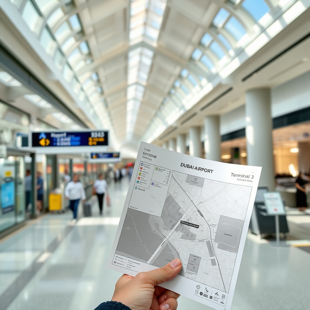 Dubai Airport Terminal 3 map 2026 printed on a traveler’s palm in a bright airport corridor