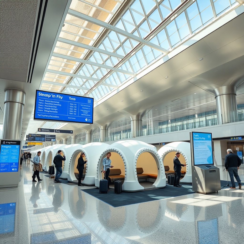 Exterior view of the Dubai Airport sleep pod zone with igloo pods and signage, part of the Dubai Airport Sleep Pods: A Complete Guide for transit travelers