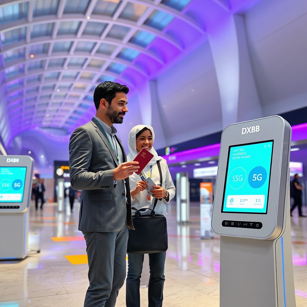 Traveler purchasing a prepaid SIM card at an official telecom kiosk in Dubai International Airport, holding a passport for registration.