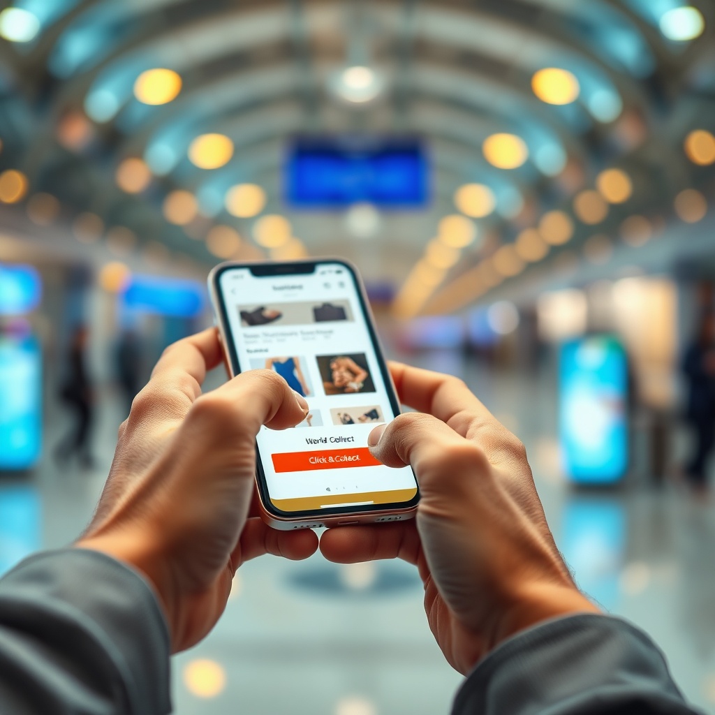 A traveler using a mobile app for digital duty free shopping at a Dubai airport terminal.