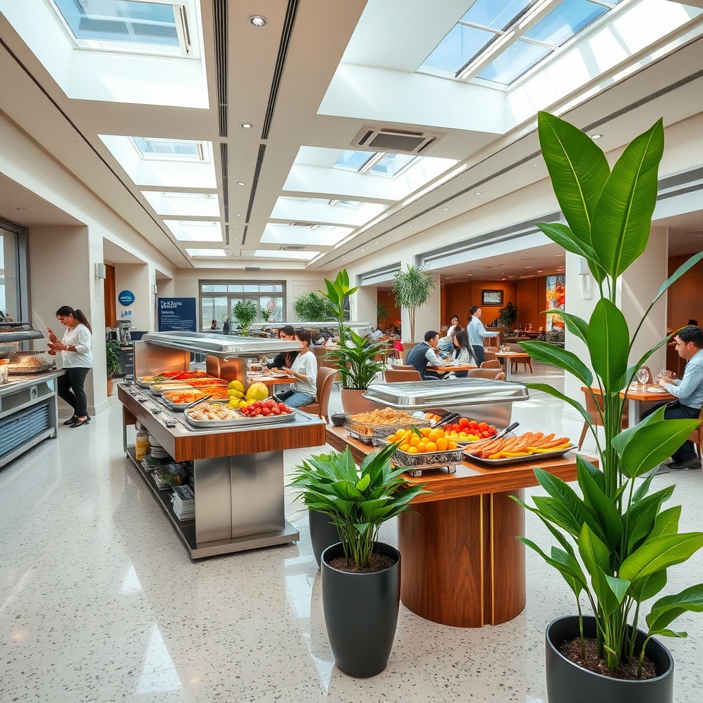 Travelers enjoying a gourmet buffet and comfortable seating in a premium Dubai International Airport lounge, illustrating the amenities in the Dubai Airport lounges ultimate guide.
