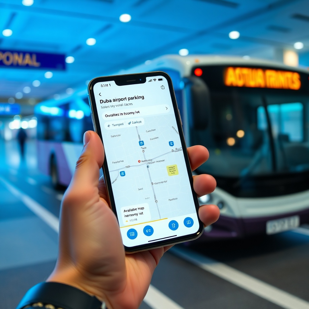 Traveler using Dubai airport parking app on smartphone to check real‑time parking availability, with shuttle bus in background