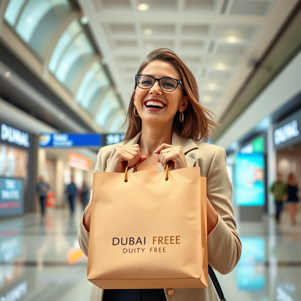 Traveler delighted with savings on Dubai Duty Free luxury beauty prices, showcasing value and exclusive shopping.