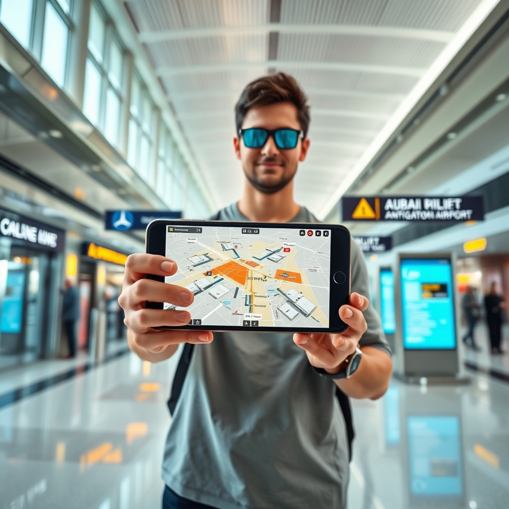 Traveler using an augmented reality terminal map at DXB airport guide, showcasing modern navigation tools in Dubai International Airport