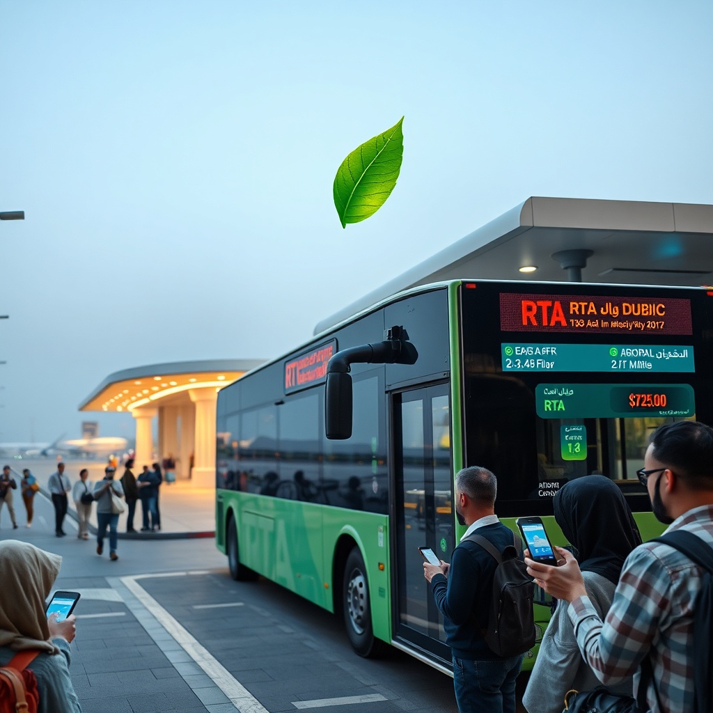 DXB to Abu Dhabi travel options showing a public bus at the airport hub with real‑time traffic app and eco‑friendly branding