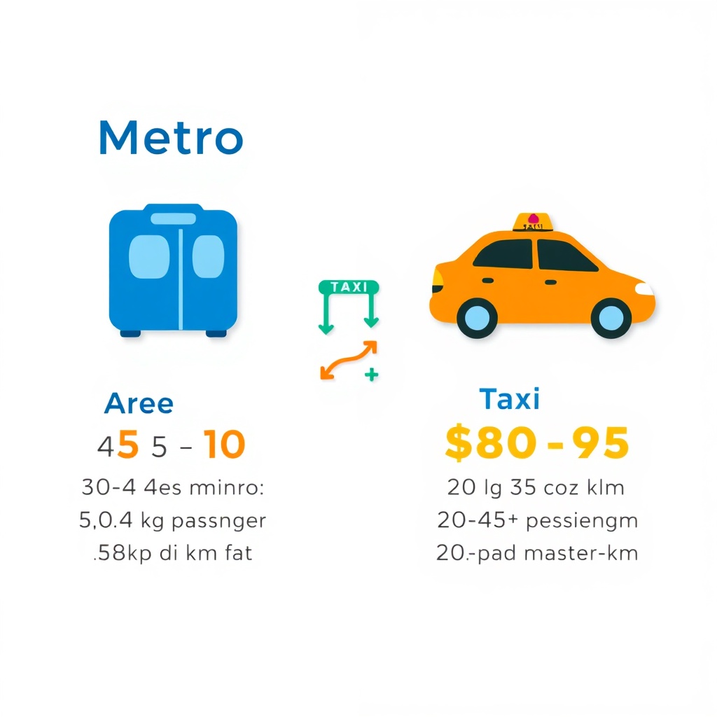 Dubai Airport metro vs taxi cost infographic highlighting fare, travel time, and CO₂ emissions