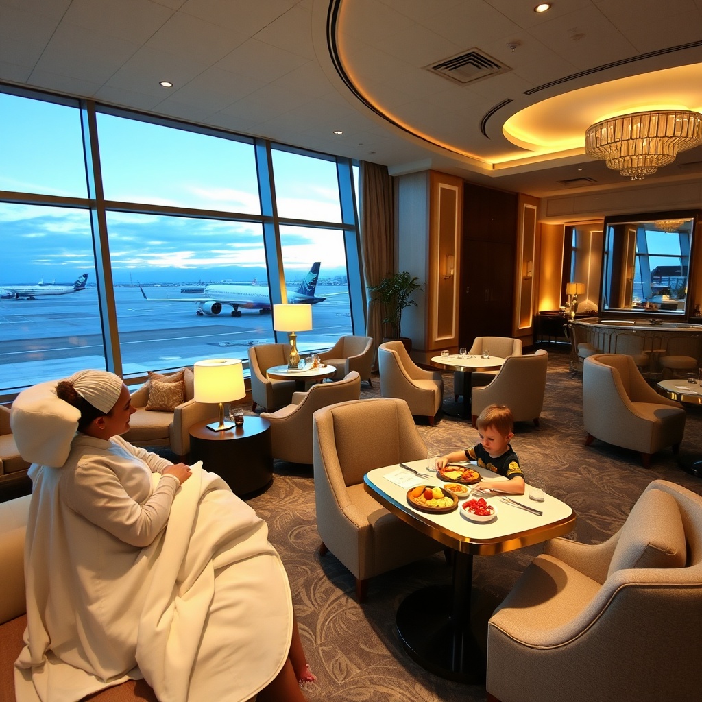 Luxurious family lounge at DXB with premium amenities, including spa services and child-friendly dining, among the best airport lounges for families