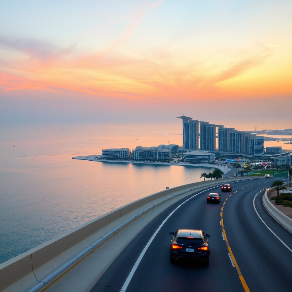 Aerial view of Palm Jumeirah at sunset with highway route for DXB to The Palm transport