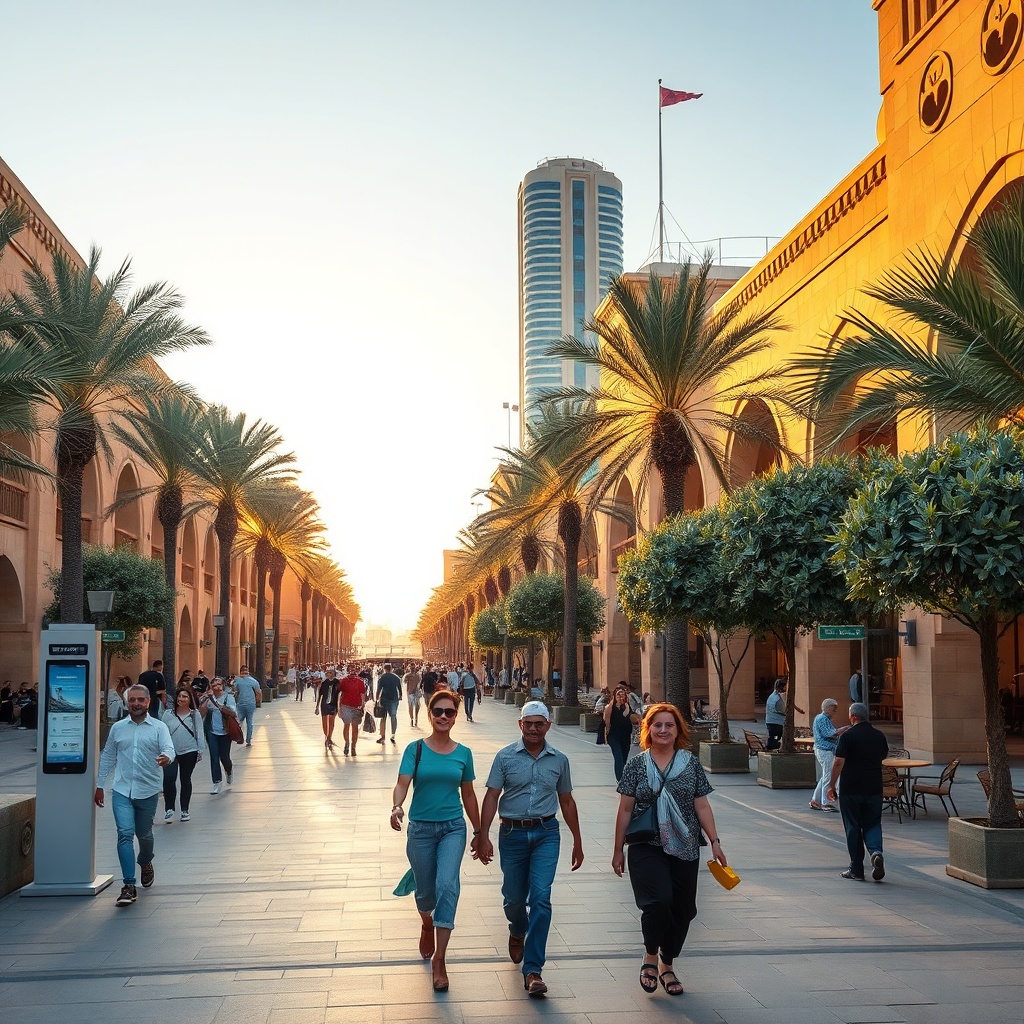 Dubai tourism 2026 pedestrian park blending heritage architecture with digital signage and biometric gates