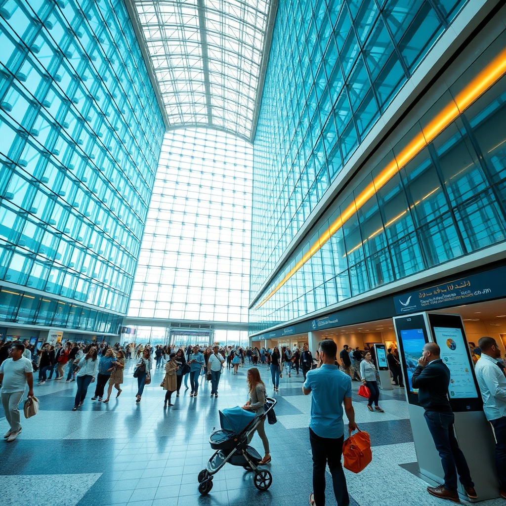 Dubai International Airport Terminal 3 interior with travelers, duty‑free shops, and family zone, illustrating a comprehensive DXB airport terminal guide