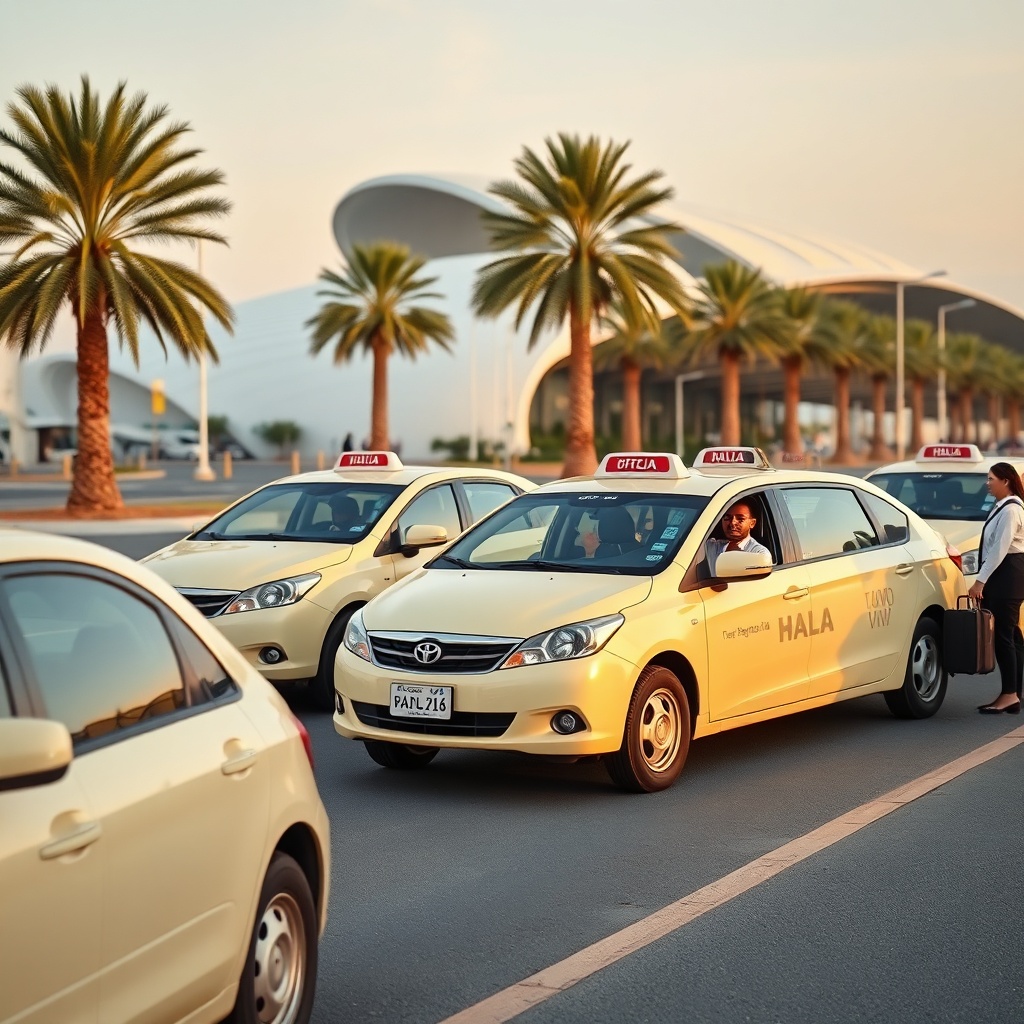 Cream‑coloured Hala taxis ready for Dubai airport to city transport outside Terminal 3 of Dubai International Airport with travelers loading their bags