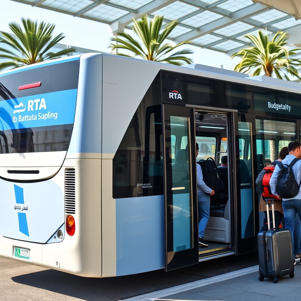 Budget-friendly RTA bus for Abu Dhabi airport transportation from Dubai at Ibn Battuta station with luggage