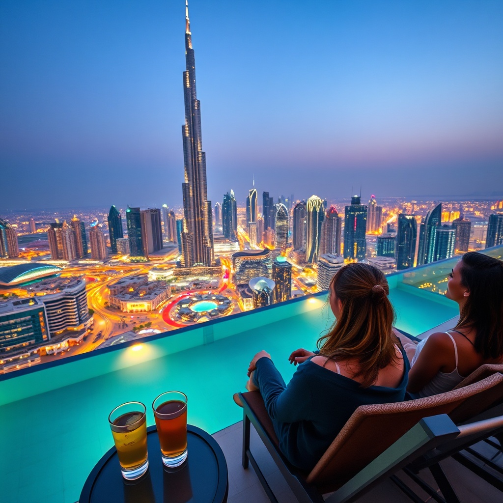 Emirates layover Dubai city view from a rooftop pool with Burj Khalifa at dusk during a stopover