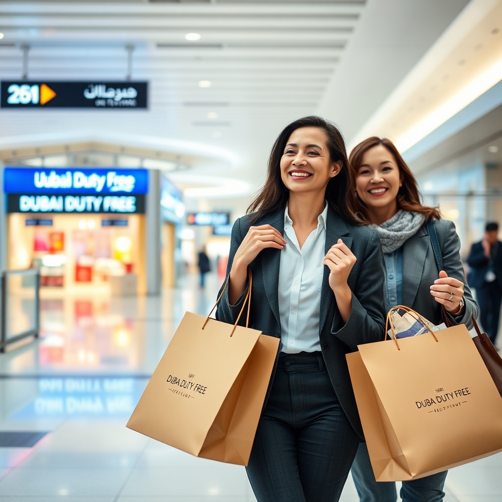 A happy traveler walking through Dubai International Airport, carrying branded Dubai Duty Free shopping bags, symbolizing the convenience and satisfaction of tax-free shopping at the travel-retail hub. The vibrant storefronts of Dubai Duty Free are visible in the background, highlighting the seamless experience for global travelers and the benefits of shopping at DXB's duty-free.