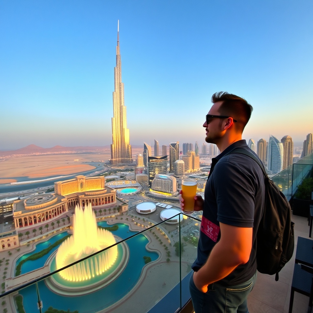 Tourist enjoying the Burj Khalifa view from a rooftop lounge during a Dubai layover