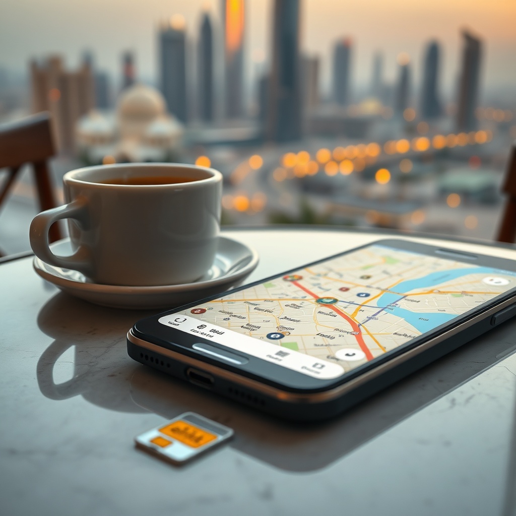 Smartphone with an activated Dubai tourist SIM card displaying a Dubai map and local ride‑hailing apps, illustrating the benefits after you buy a Dubai tourist SIM card