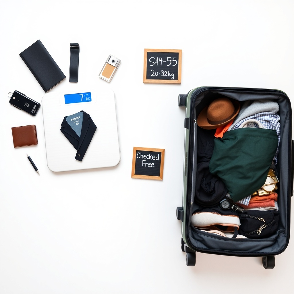 Infographic comparing weight and cost of carry-on and checked baggage for Dubai flights, highlighting packing tips and airline fees
