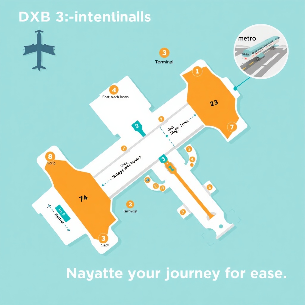Illustrated terminal layout map of DXB airport showing fast‑track lanes, family zones, and SkyLink, reflecting a detailed Dubai airport terminal guide