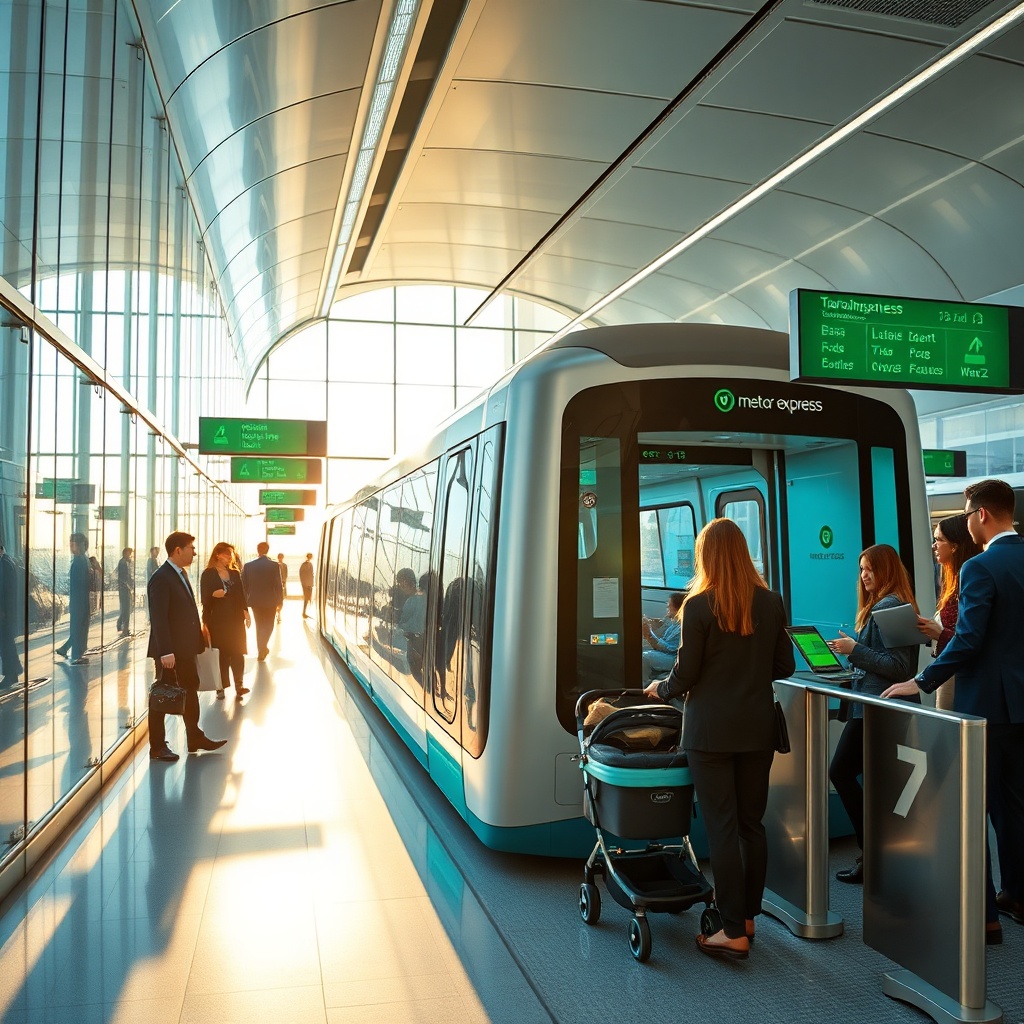 DXB to Abu Dhabi travel guide showing a modern airport metro station with a driverless train and passengers boarding