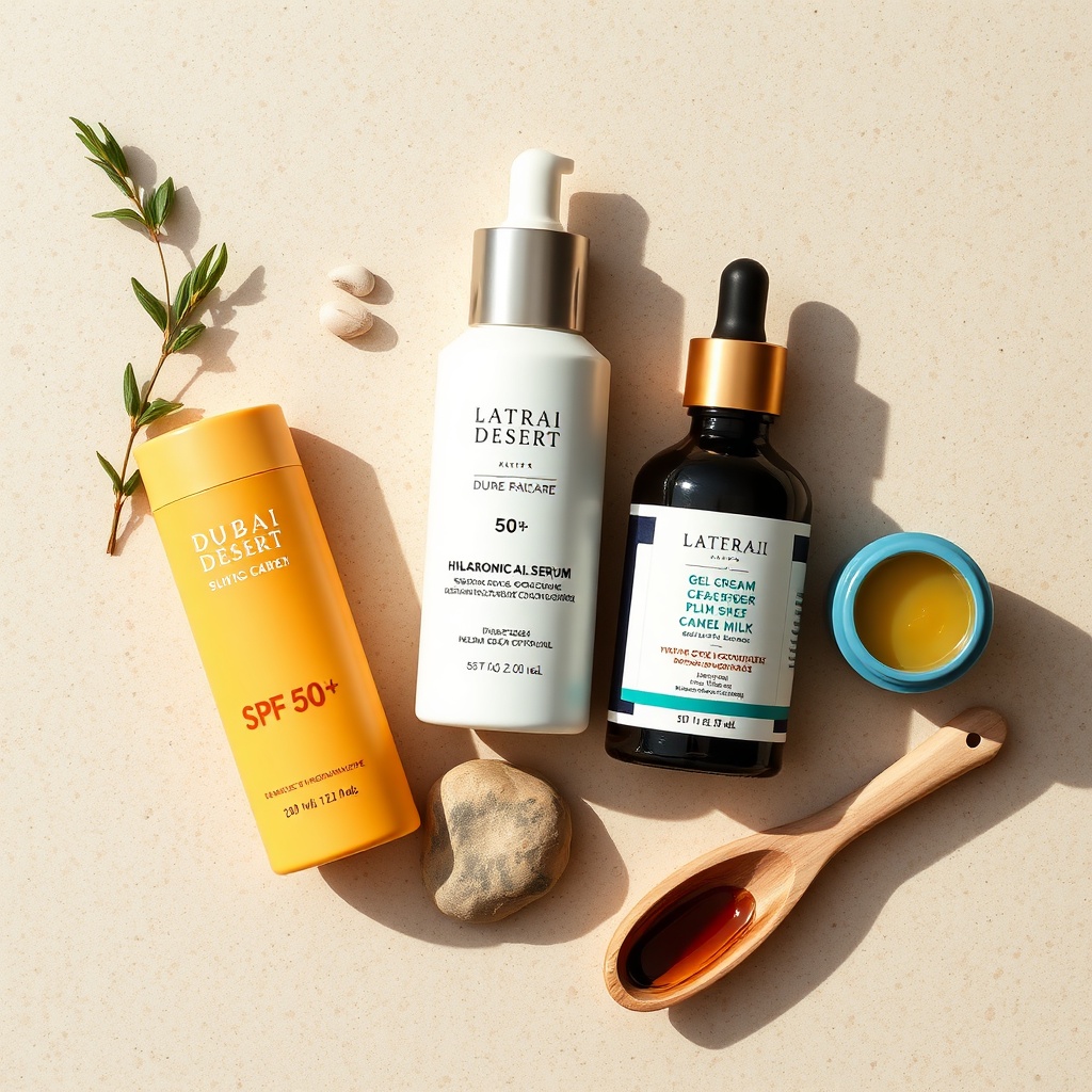 Flat lay of essential Dubai desert skincare products including SPF 50 sunscreen, hyaluronic acid serum, and camel milk moisturizer