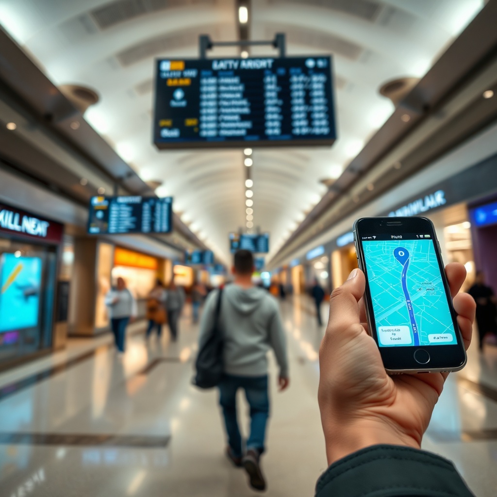 Passenger using smartphone navigation apps for seamless wayfinding inside Dubai International Airport