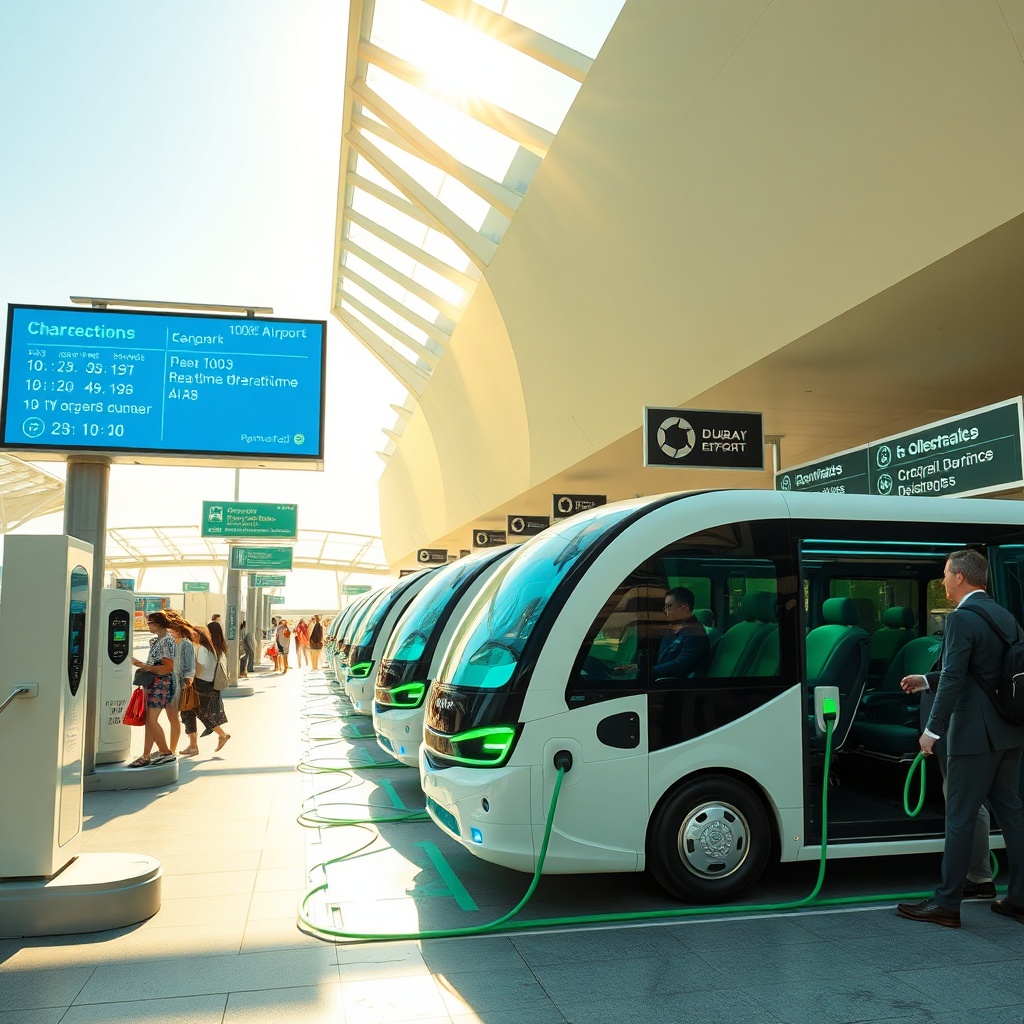 Dubai airport terminal transfer illustration featuring electric shuttle buses at a charging station with travelers checking real‑time departure info