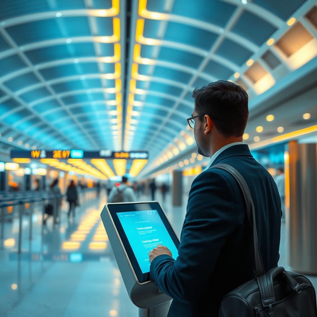 A passenger using a self-service kiosk for the DXB airport check-in process to ensure a seamless departure.