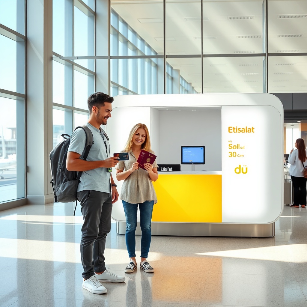 Traveler buying a Dubai tourist SIM card at the airport kiosk, passport in hand, ready to activate and stay connected