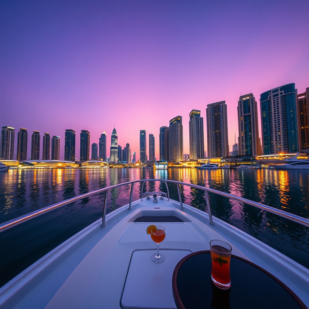 Luxury yacht cruise at Dubai Marina sunset, a premium option for Dubai layover activities and sightseeing.