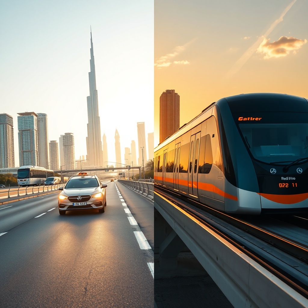 Comparison of taxi on Sheikh Rashid Road and Dubai Metro Red Line, both offering the fastest route from Dubai Airport to City Center during peak hours