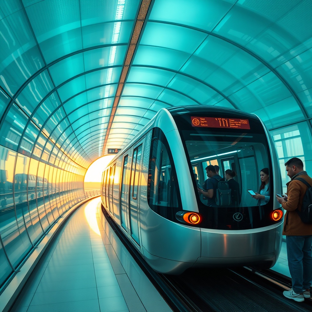 Dubai airport terminal transfer guide showing a modern driverless People Mover train moving between terminals with passengers using mobile apps and digital signage