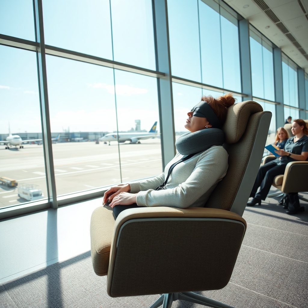 Passenger napping comfortably in a designated quiet area for Dubai Airport layover sleeping.