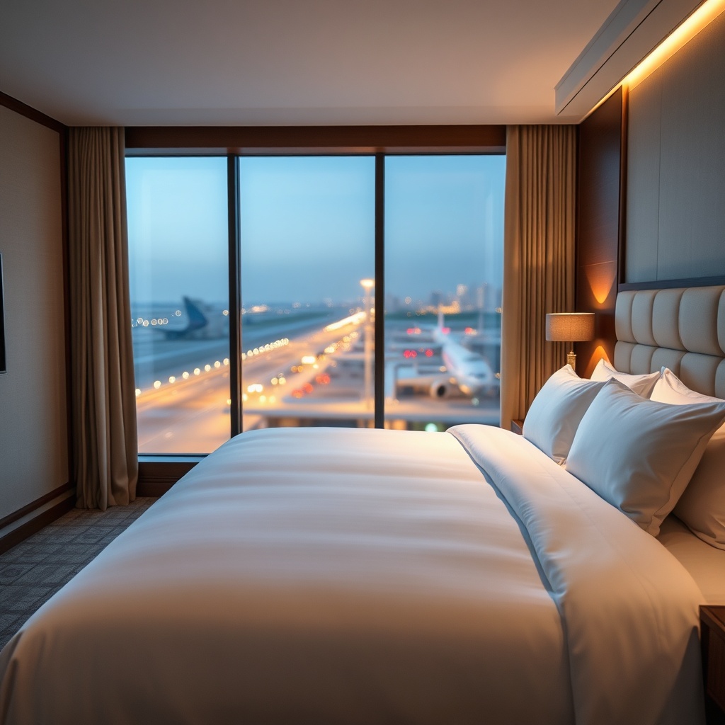 Comfortable soundproof hotel room interior near DXB Airport offering views of the runway and city skyline