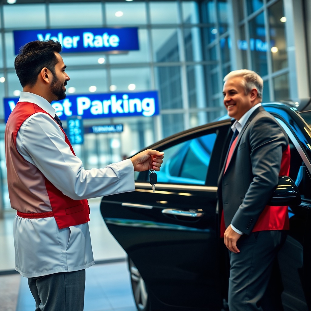 Valet parking attendant handing keys to a traveler at DXB airport parking service near Terminal 3 entrance
