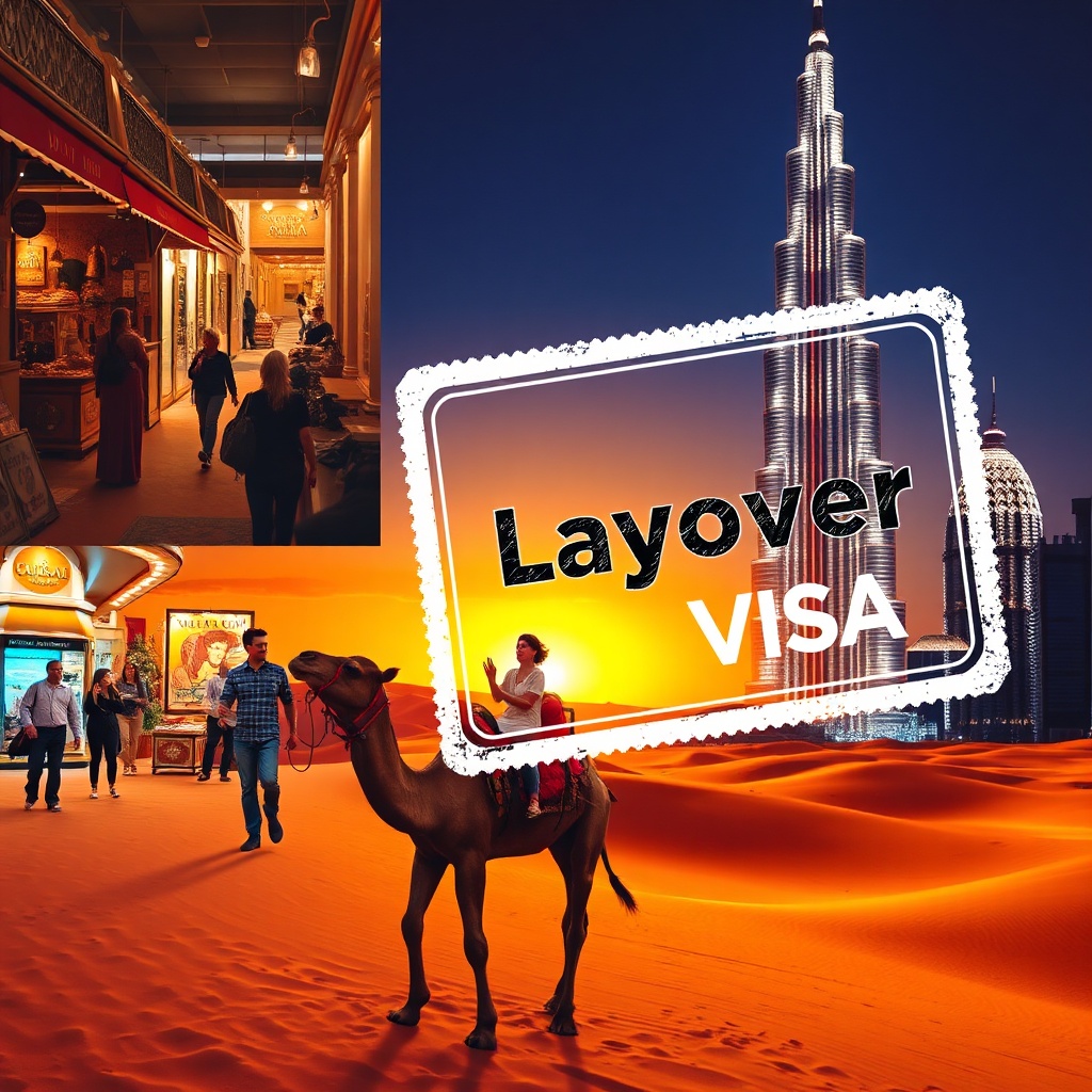 Exciting day in Dubai for a visitor using a Dubai layover visa, featuring souk shopping, desert camel ride, and Burj Khalifa view