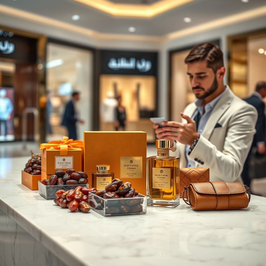 Luxury Emirati souvenirs including premium dates, saffron, and camel leather goods displayed in the opulent Dubai Mall