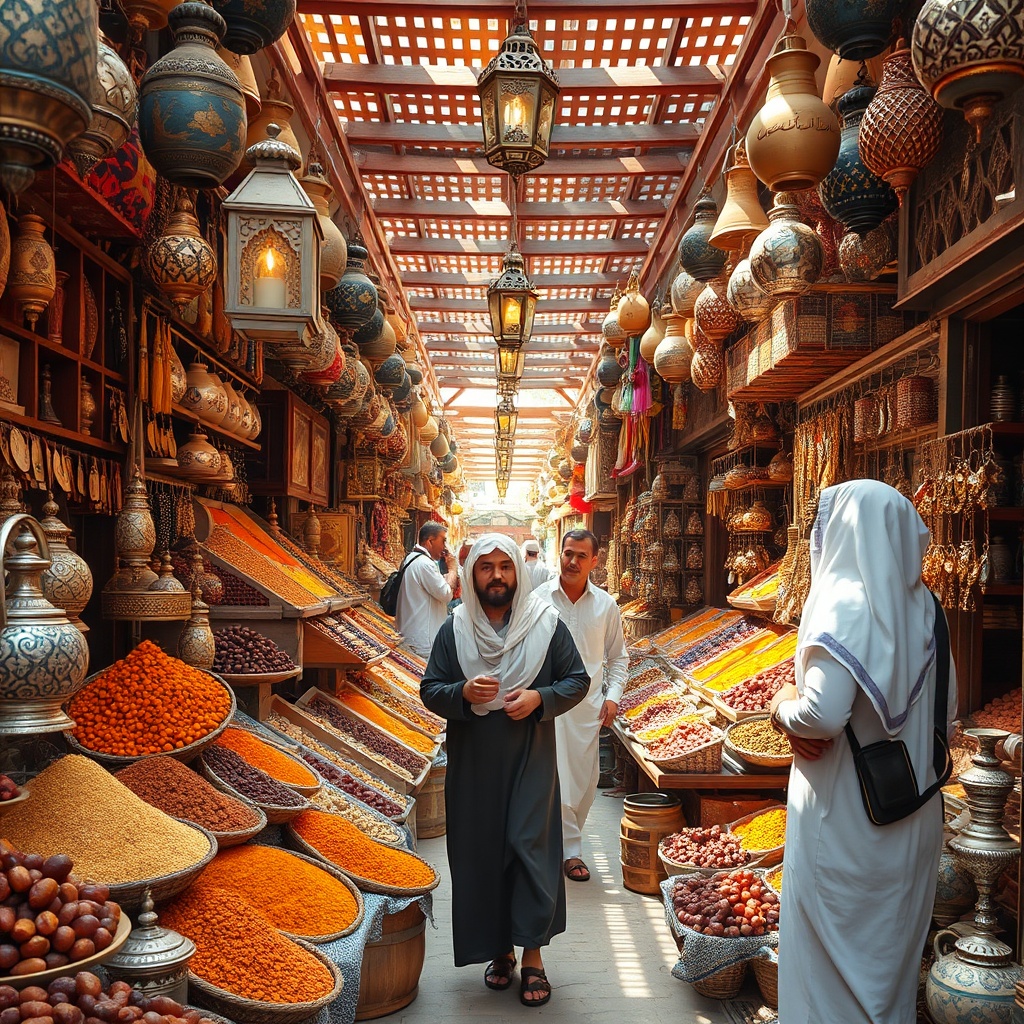 Explore authentic Arabian spices, handcrafted textiles, and traditional pottery at a bustling Dubai souk, perfect for unique Dubai souvenirs
