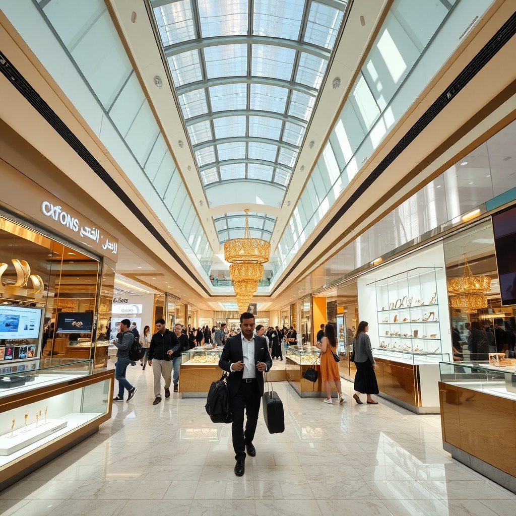 Luxurious Dubai duty free shopping area with gold jewelry, electronics and fragrances, illustrating the best Dubai duty free shopping experience