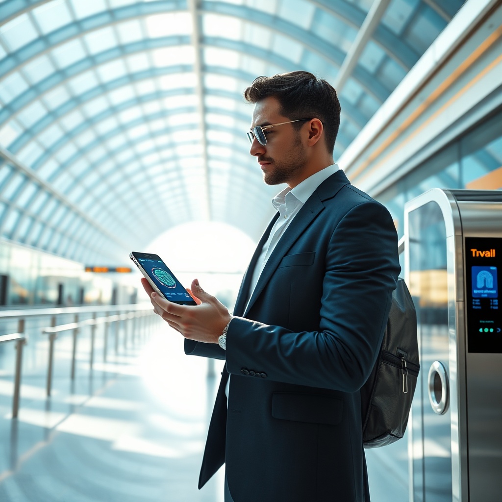 Traveler utilizing Dubai airport apps for fast biometric clearance at a smart gate