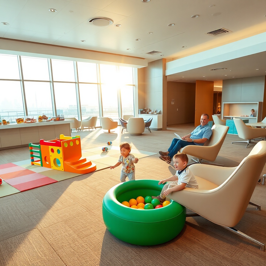 Family enjoying a dedicated kids' zone in one of the best airport lounges for families at DXB, complete with play areas and comfortable seating