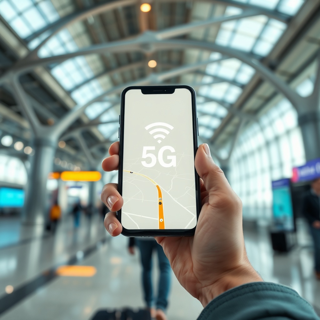 Tourist activating a Dubai airport sim card on a smartphone for immediate 5G internet access