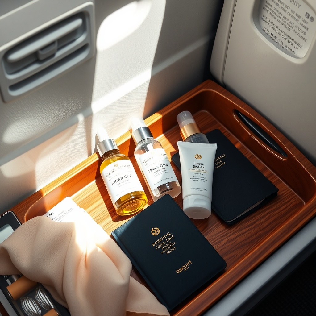 Travel‑size argan oil dropper, spray, and cream displayed with travel accessories, highlighting the best travel argan oil products for flight comfort