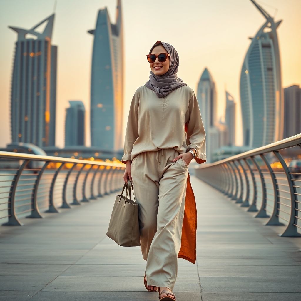 Female tourist wearing modest summer fashion from a Dubai packing list exploring the city skyline.