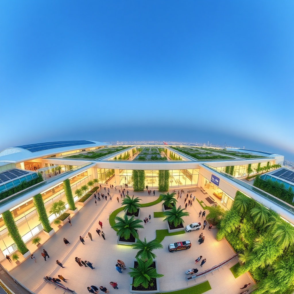Aerial view of DXB airport guide showcasing the sustainable expansion and green design of Dubai International Airport
